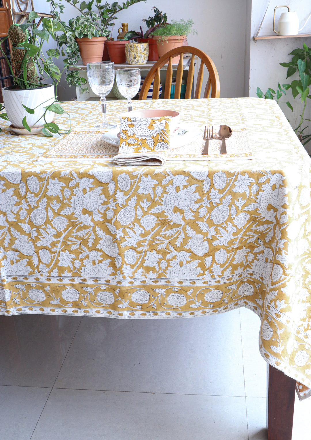 Spice Route tablecloth - 8 seater block print table cover - 60x120 inches - Yellow