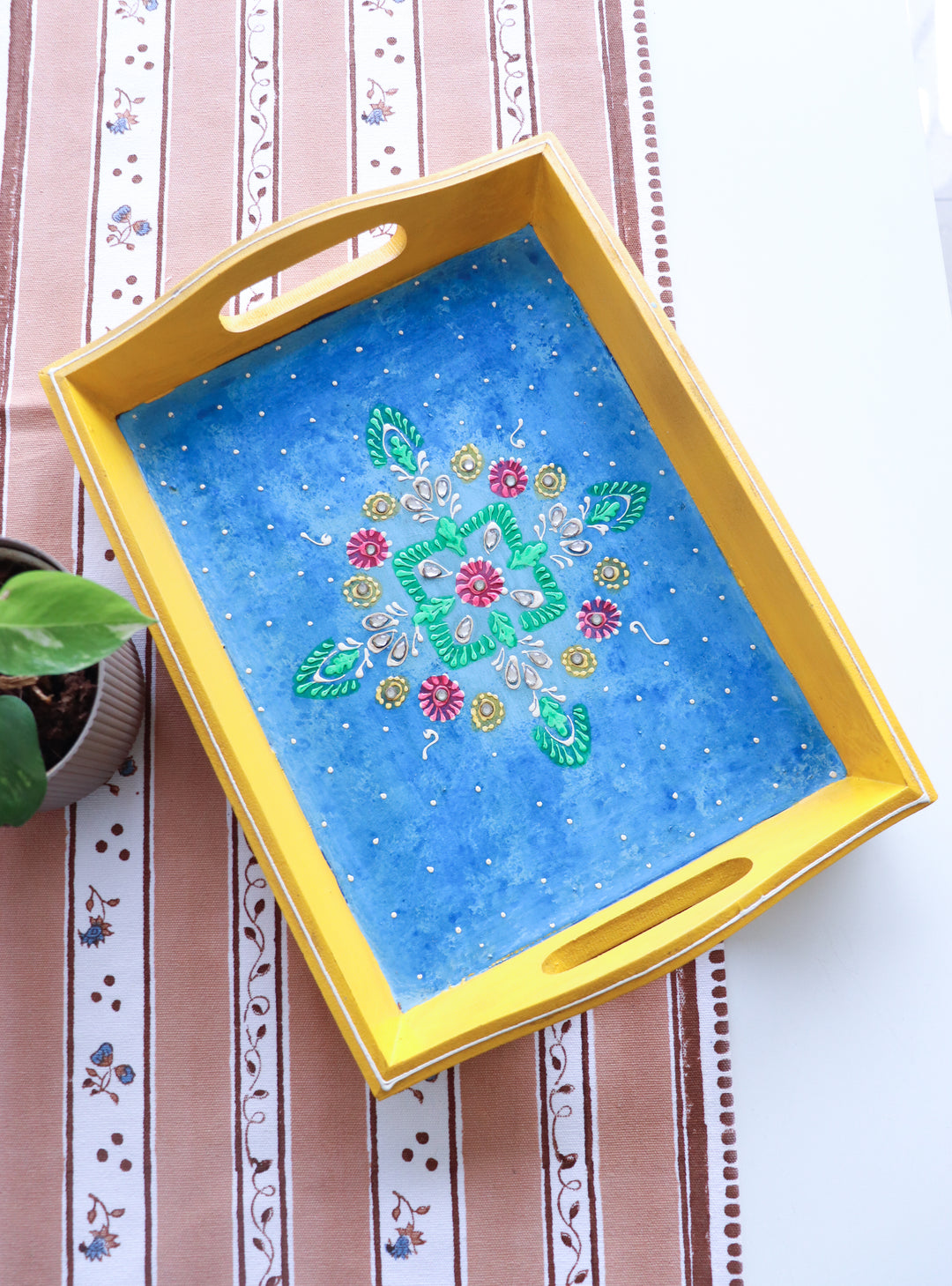 Jodhpur hand painted wood trays - Trays for Gifting - Blue and Yellow - 14 x 10 inches