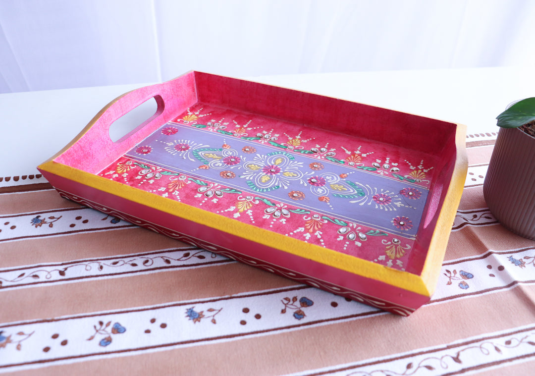 Jodhpur hand painted wood trays - Trays for Gifting - Pink - 14 x 10 inches