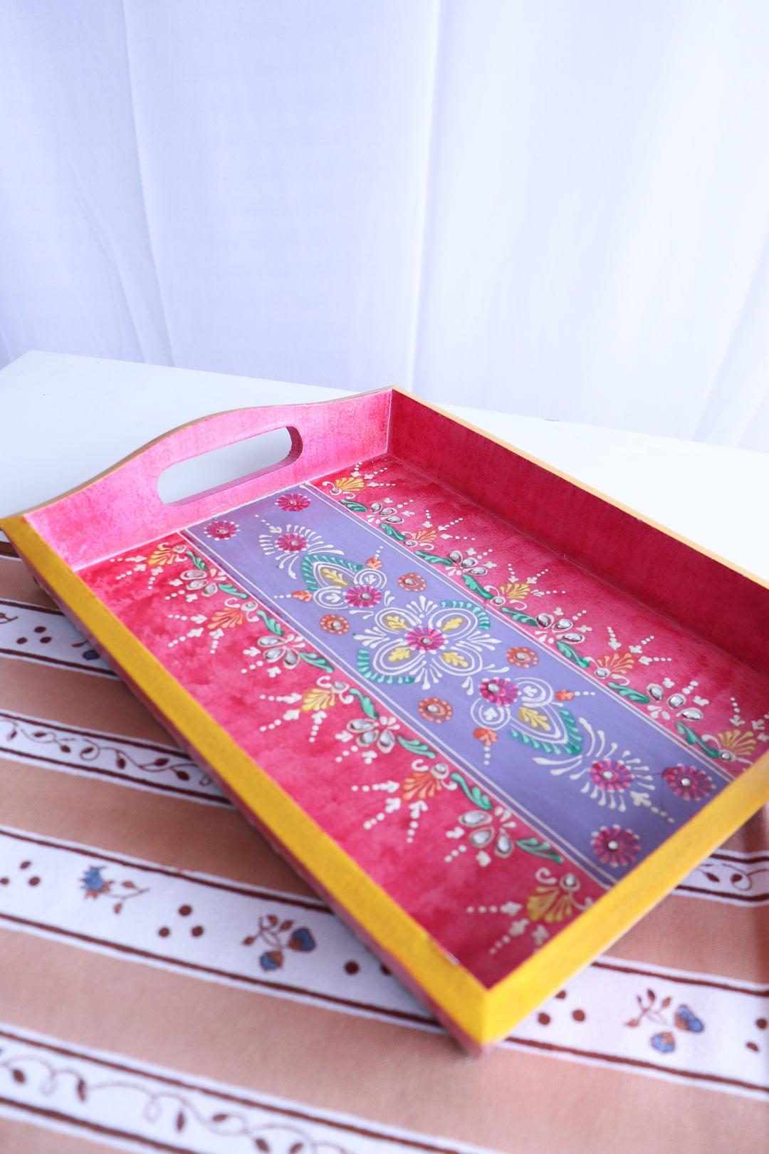 Jodhpur hand painted wood trays - Trays for Gifting - Pink - 14 x 10 inches