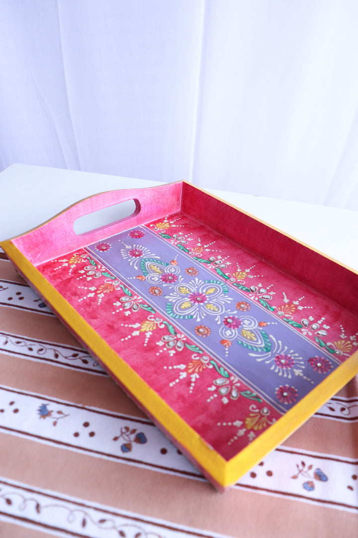 Jodhpur hand painted wood trays - Trays for Gifting - Pink - 14 x 10 inches