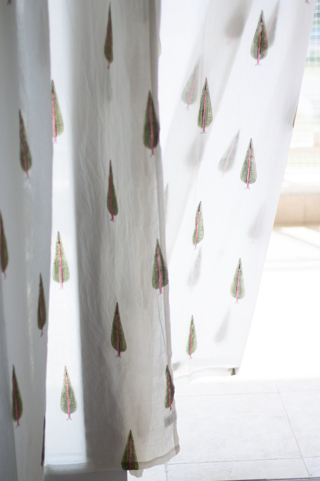 Cypress tree with pink floral curtains - Sheer Mul curtains - Cotton voile curtains