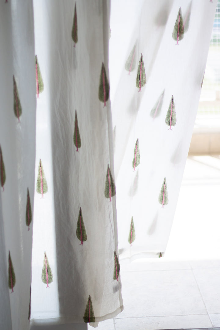 Cypress tree with pink floral curtains - Sheer Mul curtains - Cotton voile curtains