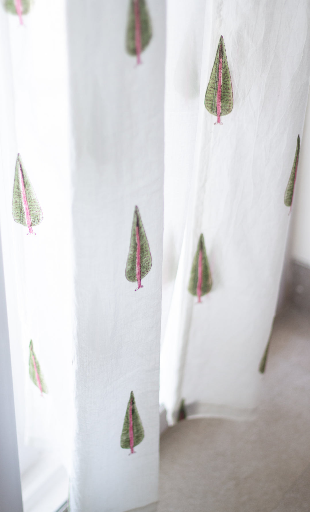 Cypress tree with pink floral curtains - Sheer Mul curtains - Cotton voile curtains
