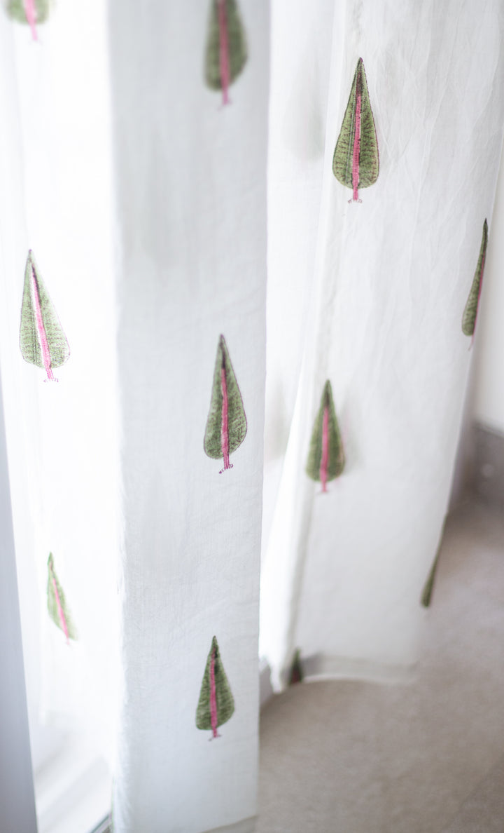 Cypress tree with pink floral curtains - Sheer Mul curtains - Cotton voile curtains