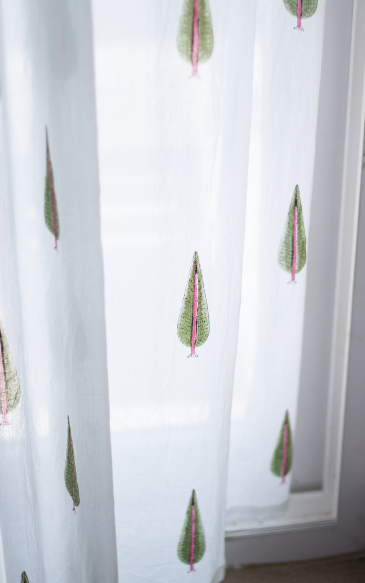 Cypress tree with pink floral curtains - Sheer Mul curtains - Cotton voile curtains