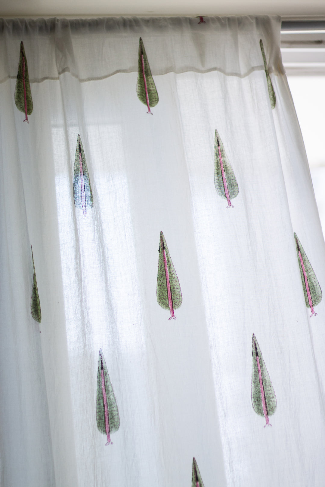 Cypress tree with pink floral curtains - Sheer Mul curtains - Cotton voile curtains
