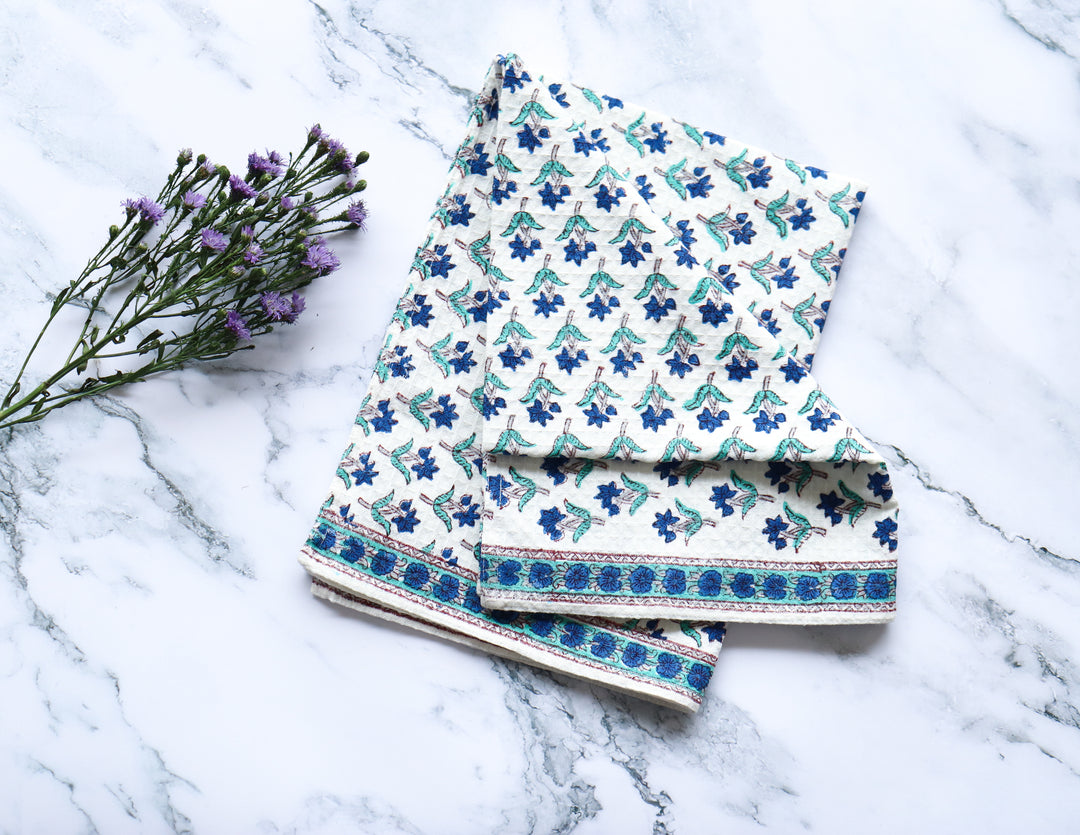 Set of 2 waffle kitchen towels - Block print dish towels