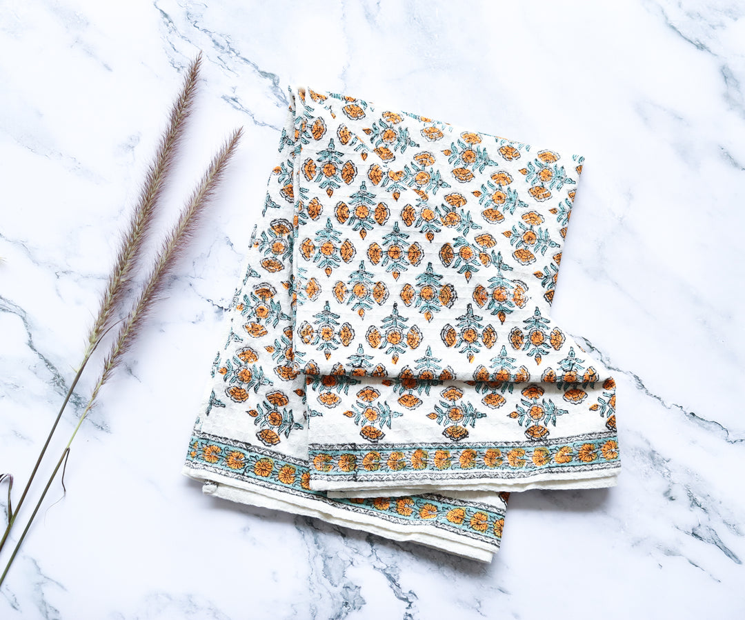 Set of 2 waffle kitchen towels - Block print dish towels - Yellow Booti