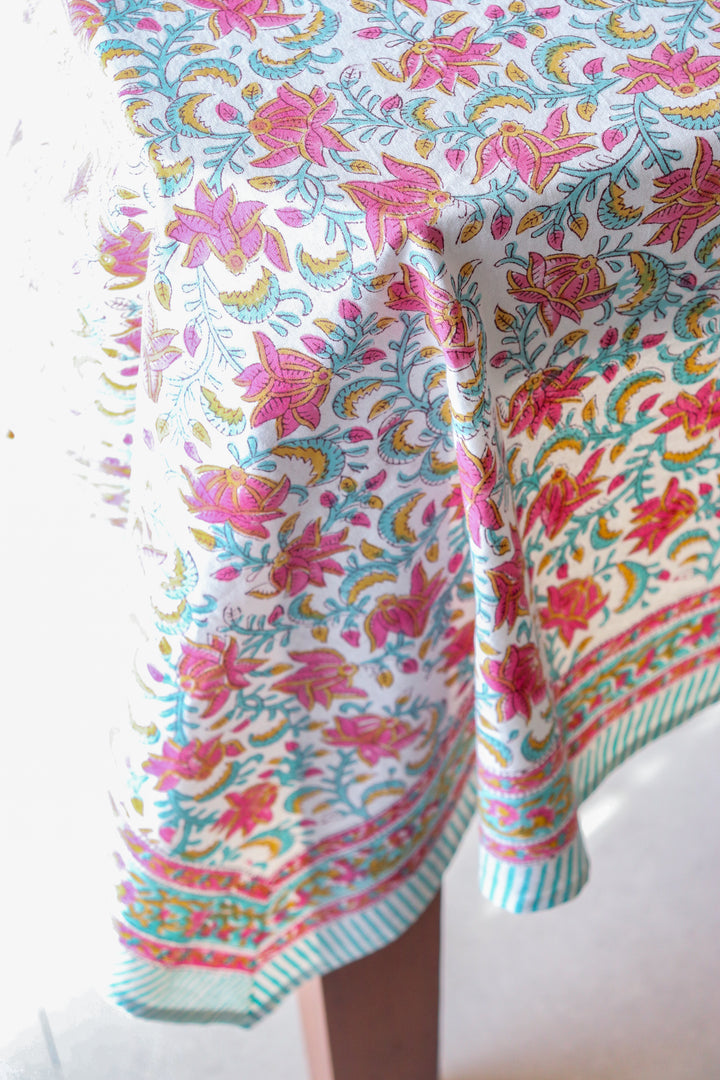 Rani Pink floral tablecloth - 8 seater block print table cloth - 60x120 inches