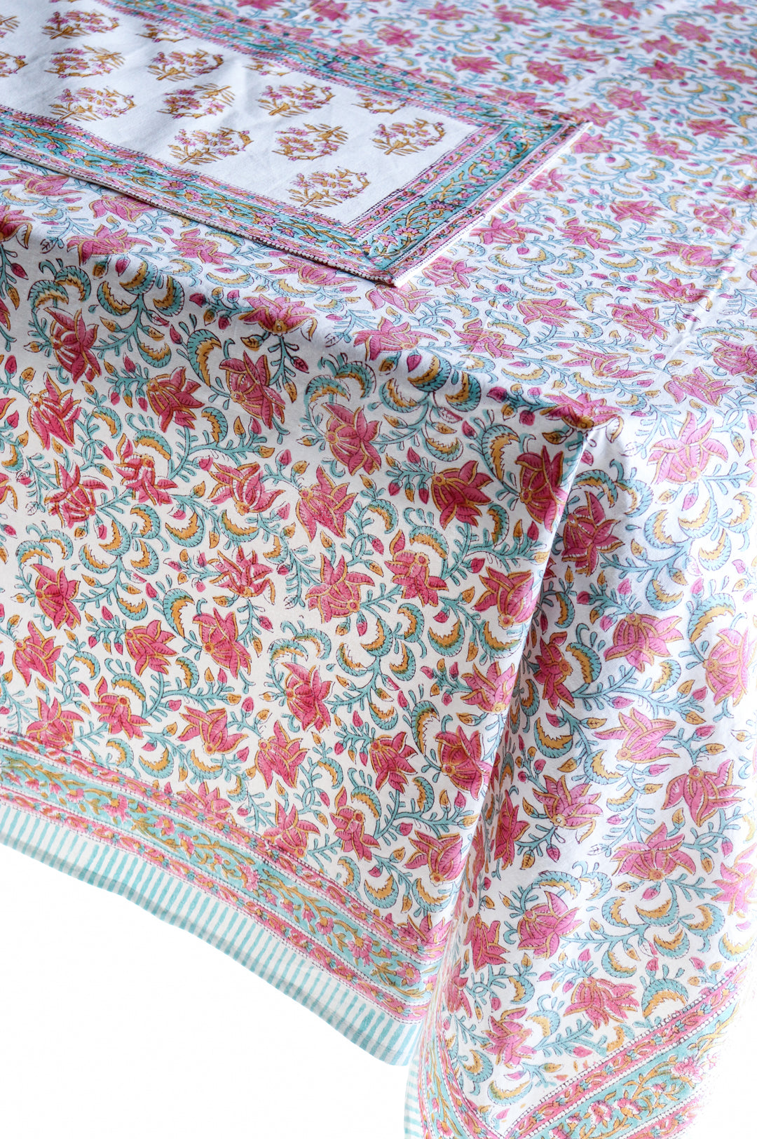 Rani Pink floral tablecloth - 8 seater block print table cloth - 60x120 inches