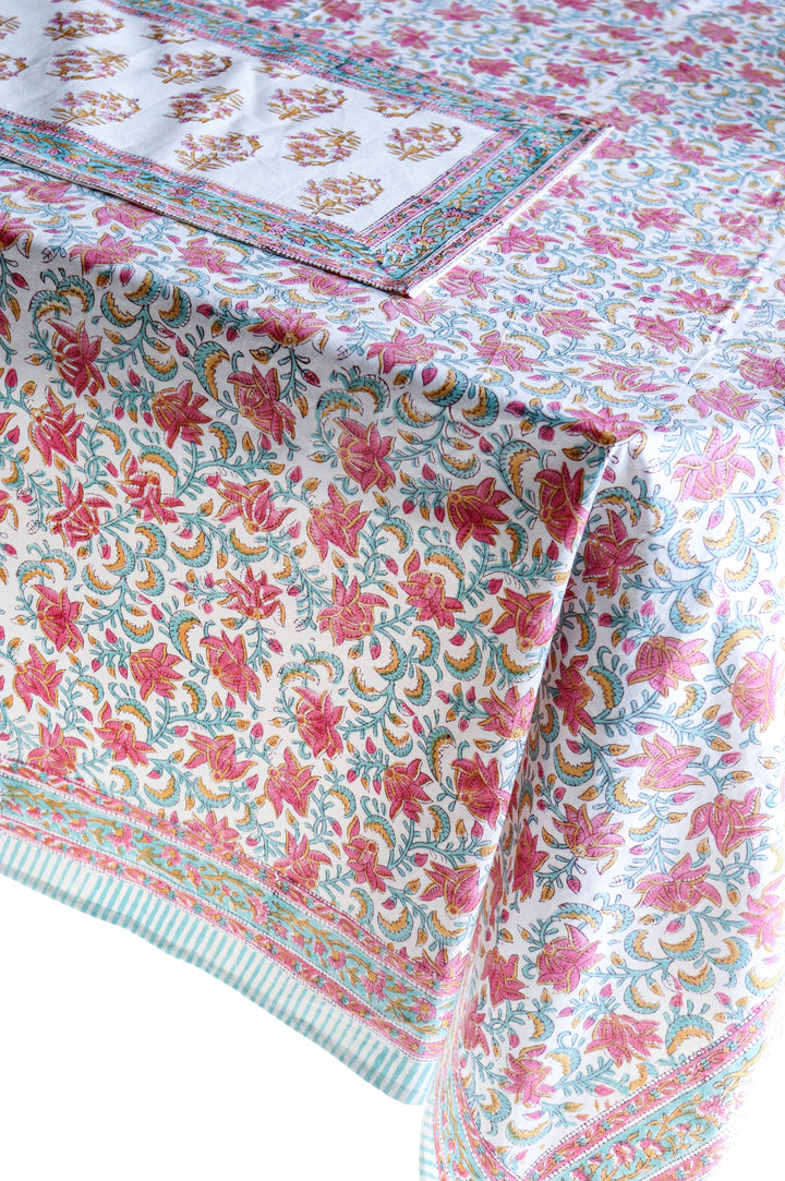 Rani Pink floral tablecloth - 8 seater block print table cloth - 60x120 inches