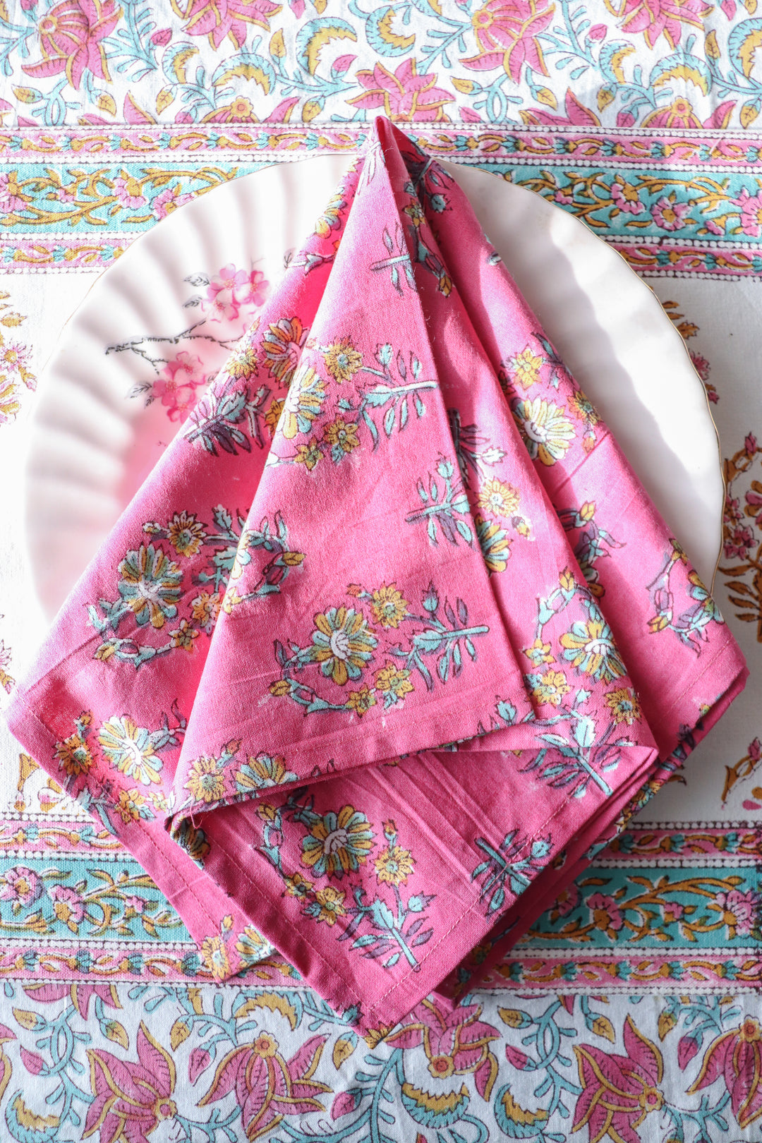 Rani Pink Block print napkins - Light weight dinner napkins - set of 6 napkins