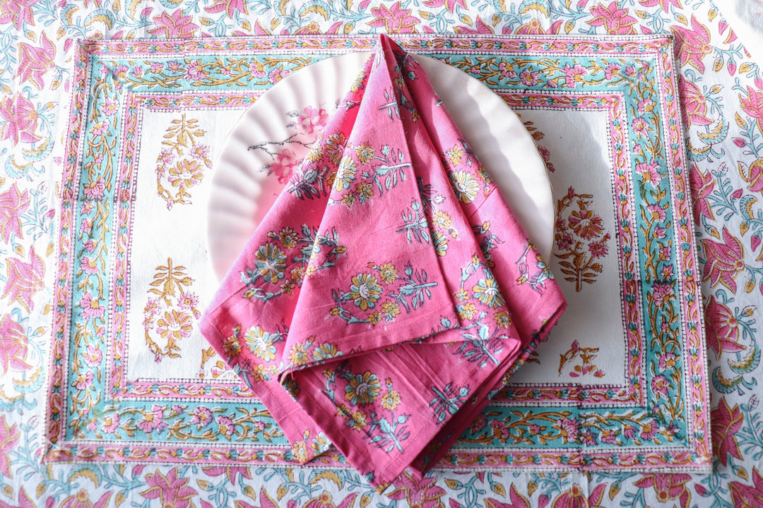 Rani Pink Block print napkins - Light weight dinner napkins - set of 6 napkins
