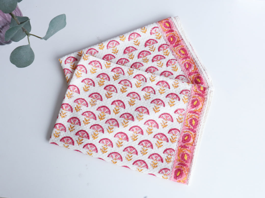 Set of 2 waffle kitchen towels - Block print dish towels - Tea towels - Pink roses