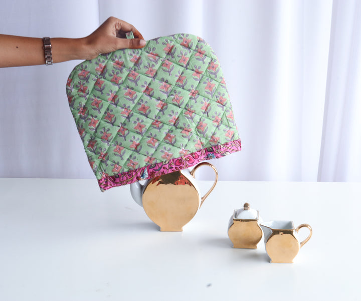 Block Print Tea Cosy - Quilted tea pot covers - Light Green