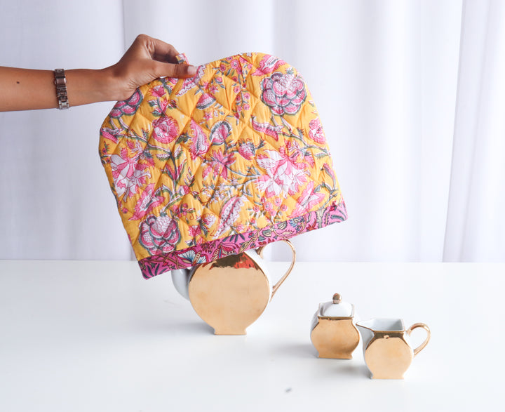 Block Print Tea Cosy - Quilted tea pot covers - Yellow