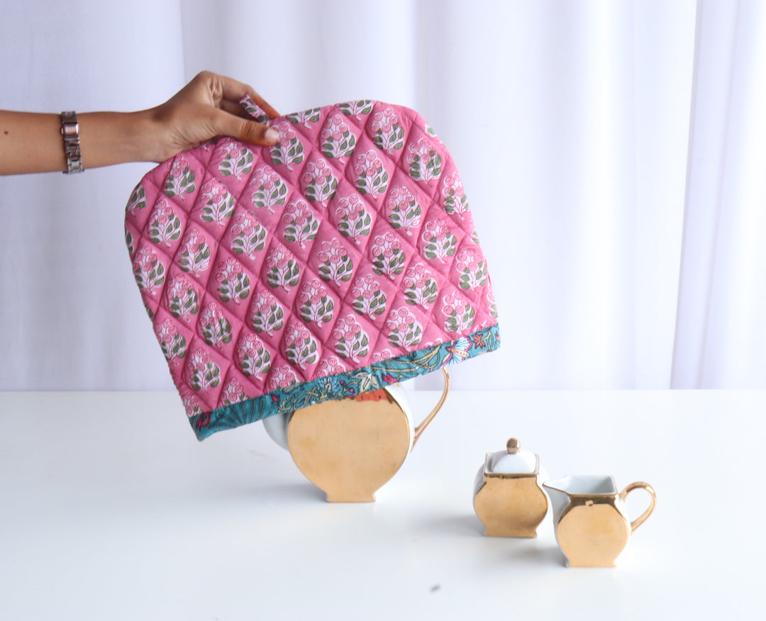 Block Print Tea Cosy - Quilted tea pot covers - Pink