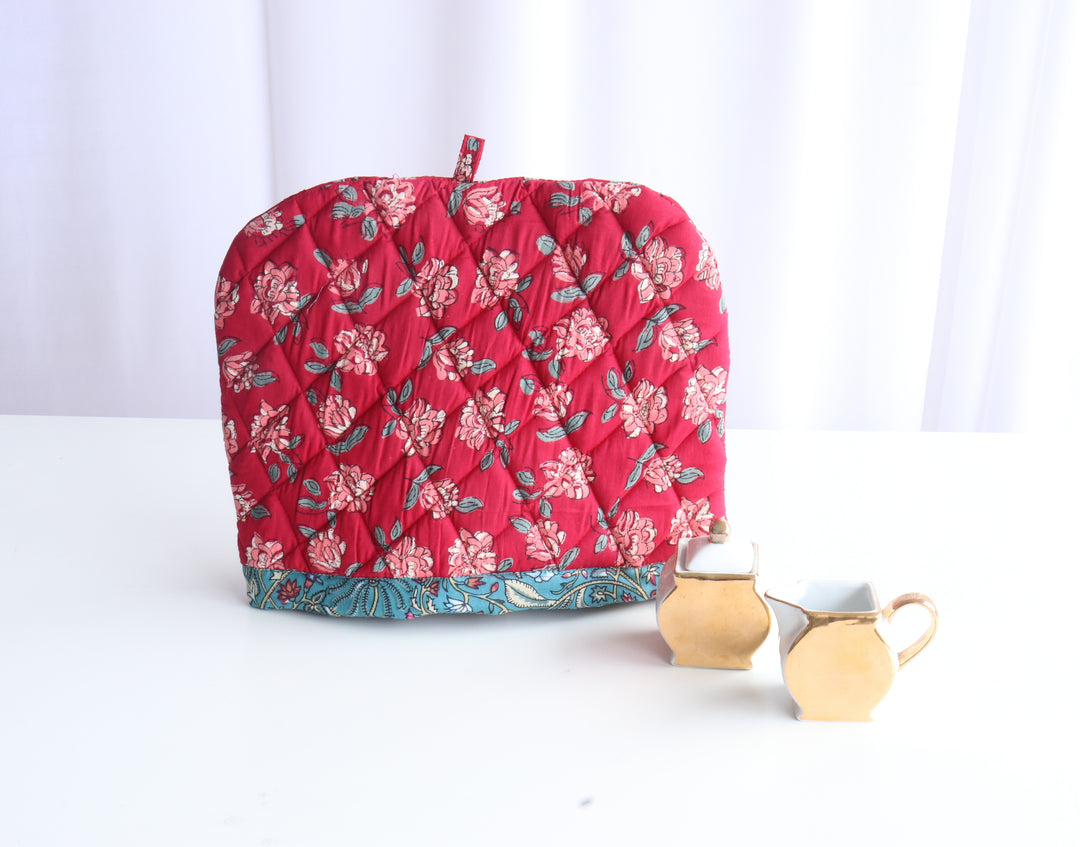 Block Print Tea Cosy - Quilted tea pot covers - Red
