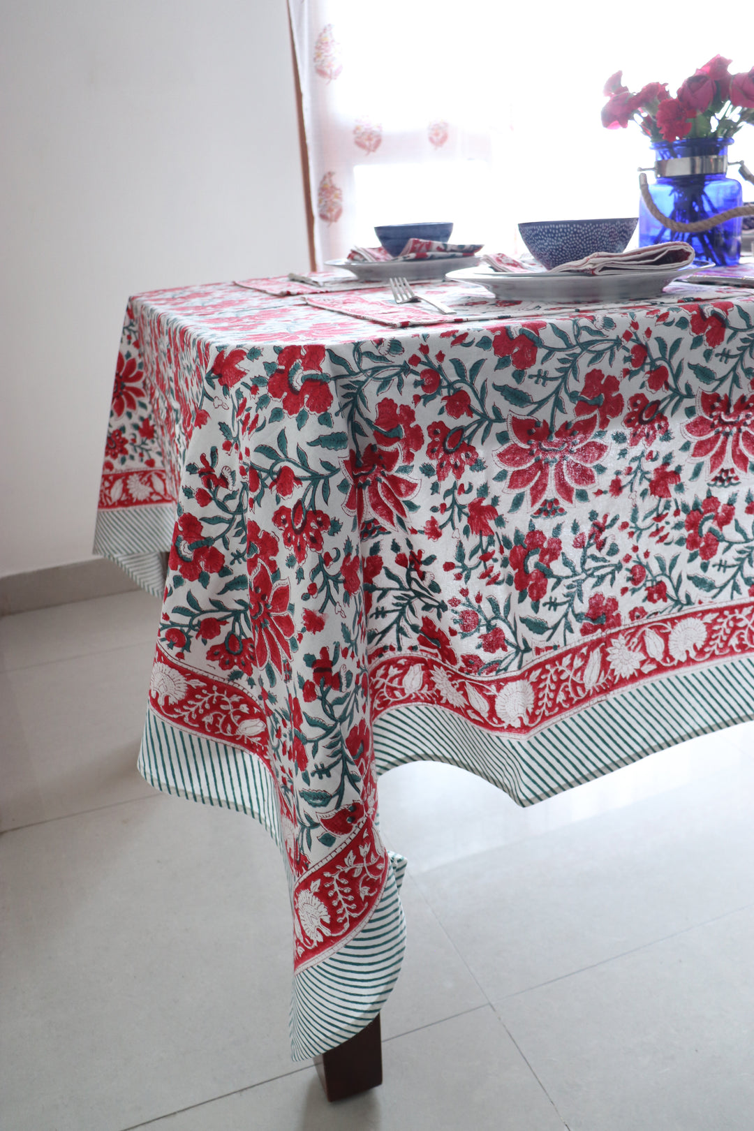 Crimson Dawn floral tablecloth - 6 seater block print table cloth - 60x90 inches