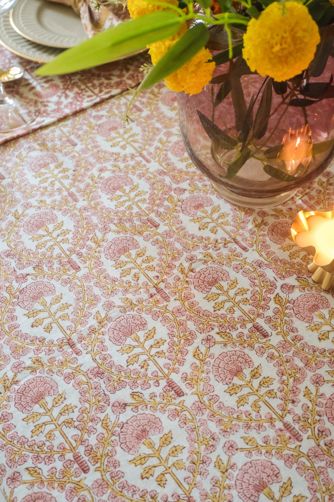 Golden Marigold tablecloth - 8 seater block print table cover - 60x120 inches