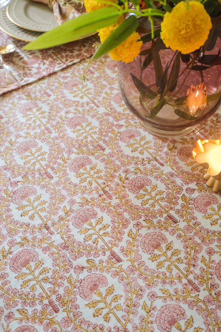 Golden Marigold tablecloth - 8 seater block print table cover - 60x120 inches
