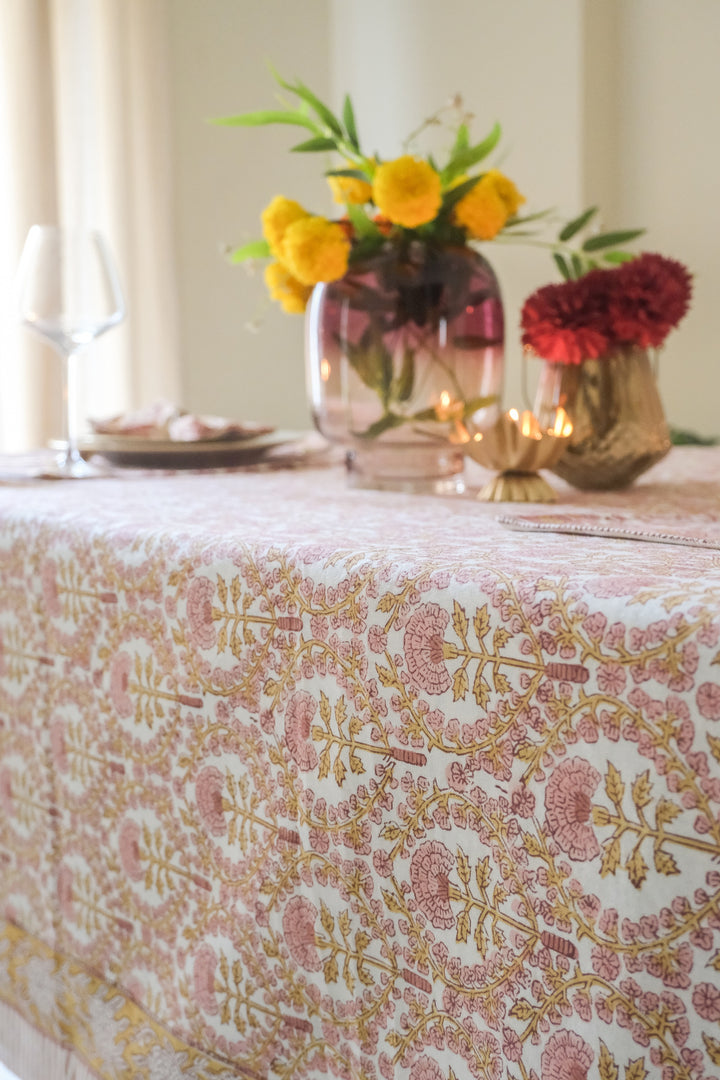 Golden Marigold tablecloth - 8 seater block print table cover - 60x120 inches