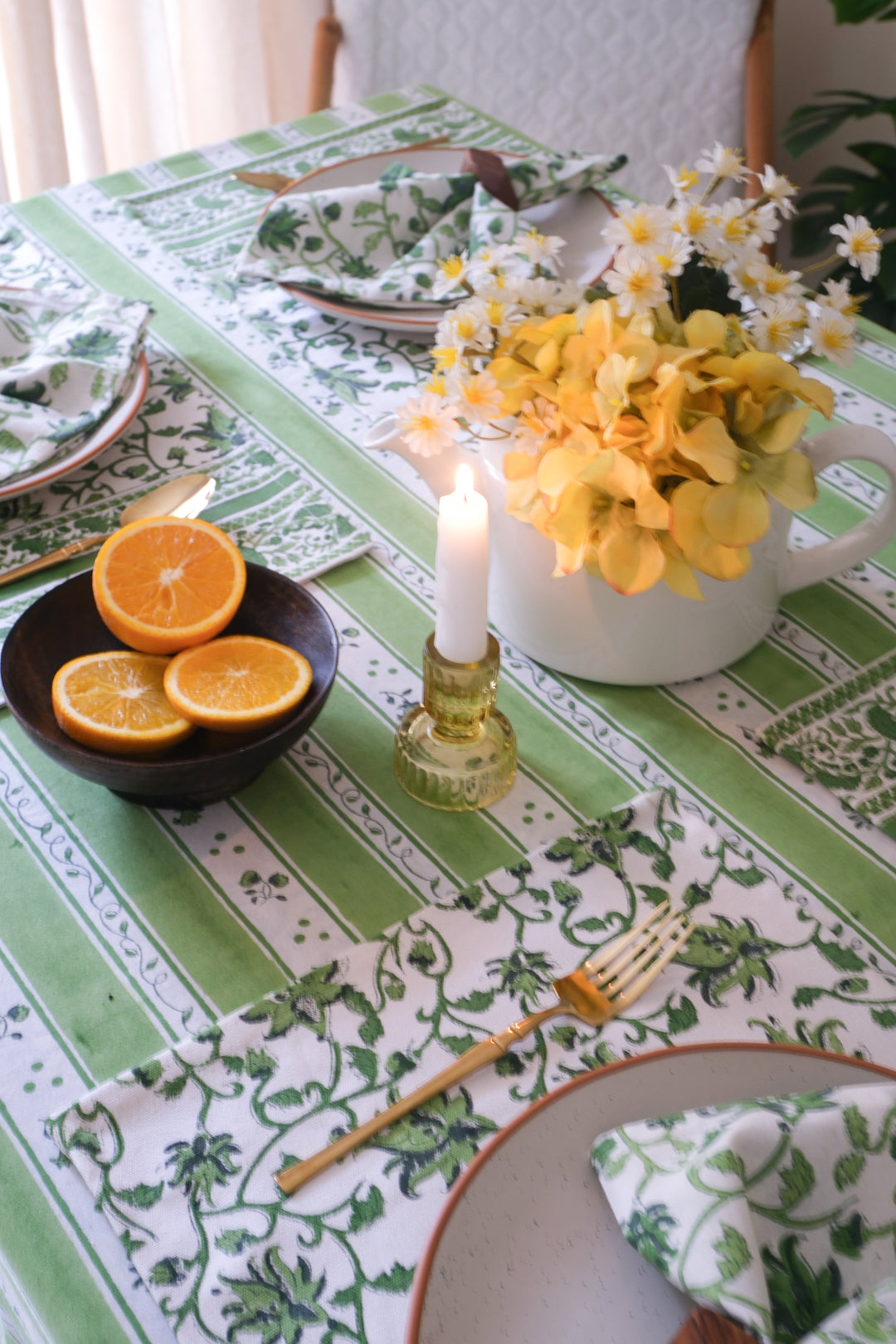 Garden Stripes tablecloth - 6 seater block print table cover - 60x90 inches - Shades of Green