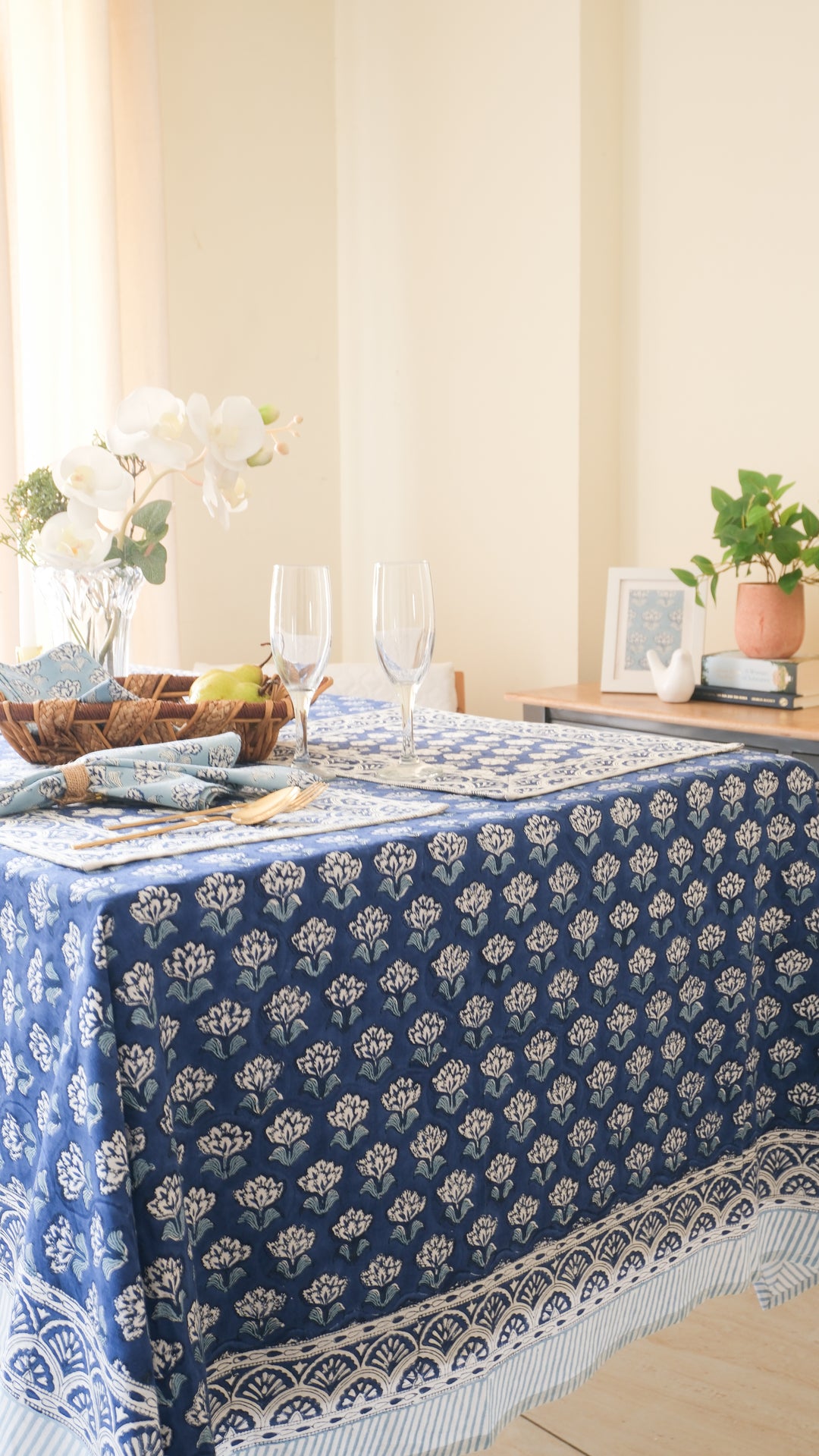 Starlit Sky tablecloth - 6 seater block print table cover - 60x90 inches - Navy blue