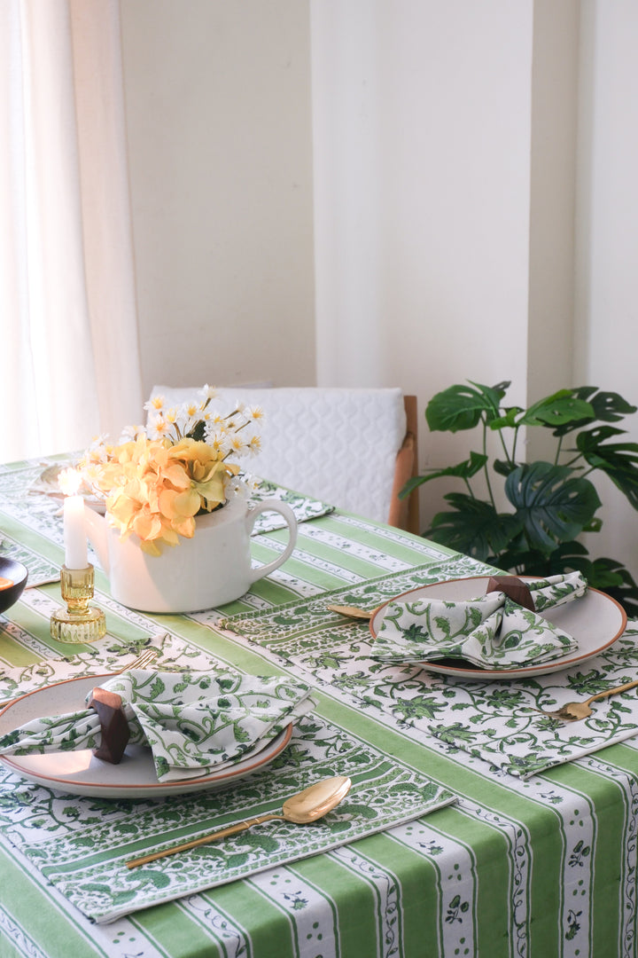 Garden Stripes tablecloth - 6 seater block print table cover - 60x90 inches - Shades of Green