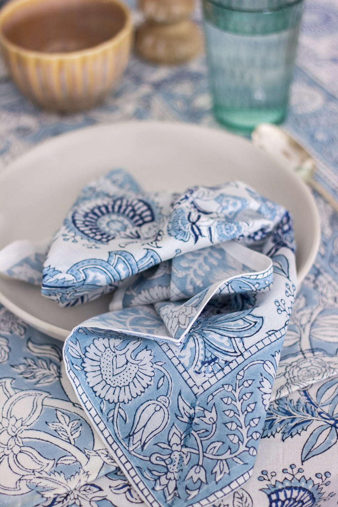 Norway Light Blue Block print napkins - Light weight dinner napkins - set of 6 napkins