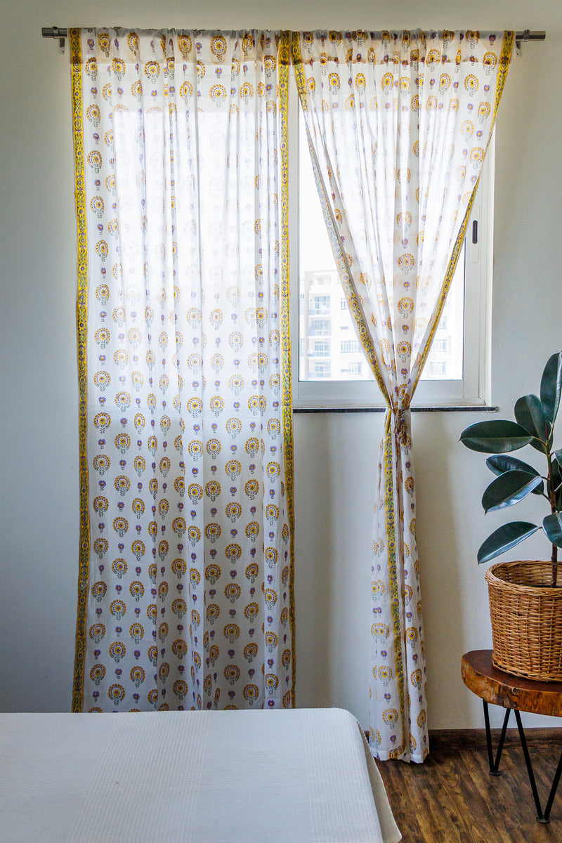 Yellow daisies curtains - Yellow and purple sheer mulmul curtains