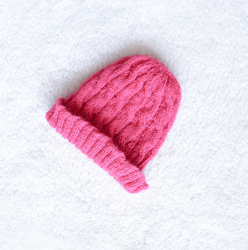 Woolen caps for winters - hand knitted wool cap - Pink cable knit