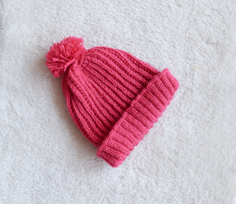 Woolen caps for winters - hand knitted wool cap - Pink pompom
