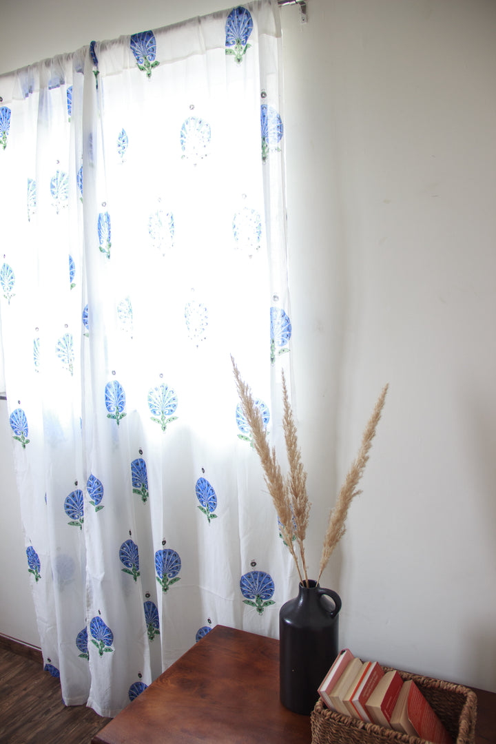 Blue Carnations curtain - sheer curtains - Cotton mul curtains
