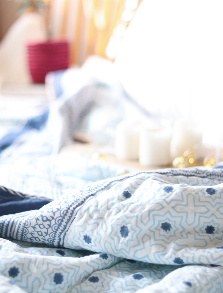 Galaxy quilt -Light blue and dark blue geometric AC quilt - Single, queen & king sizes