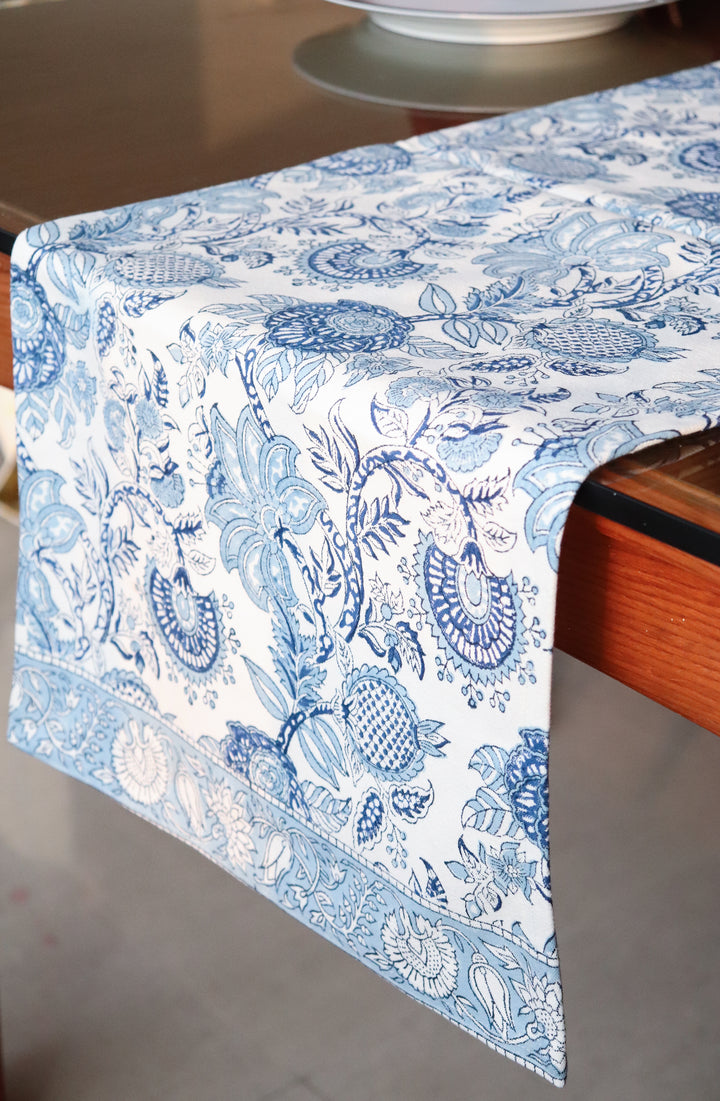 Norway light blue floral table runner - Block print table runner - 14x72 inches