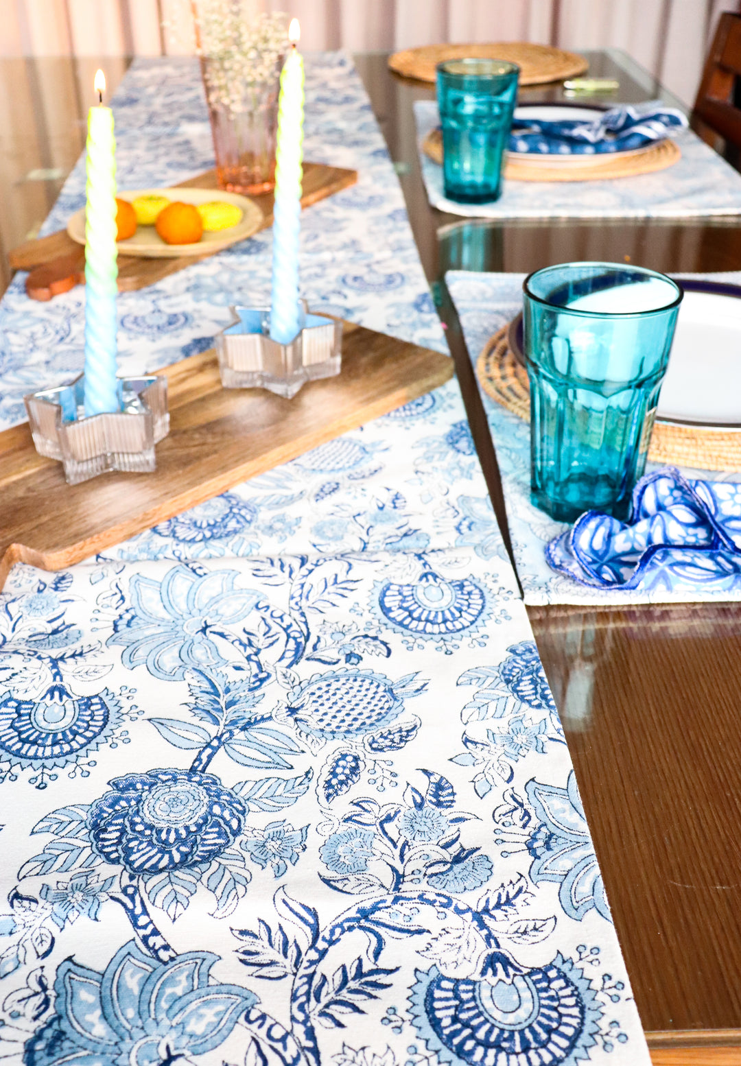 Norway light blue floral table runner - Block print table runner - 14x72 inches