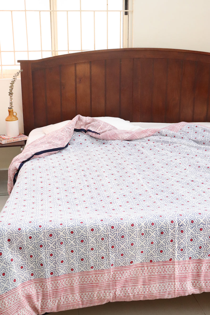 Cotton Razai cover - Block print Duvet cover - Quilt cover - Red Stars - Single bed size