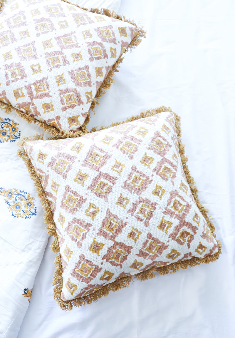 Block print cushion covers with fringe - Handloom cotton printed cushion covers