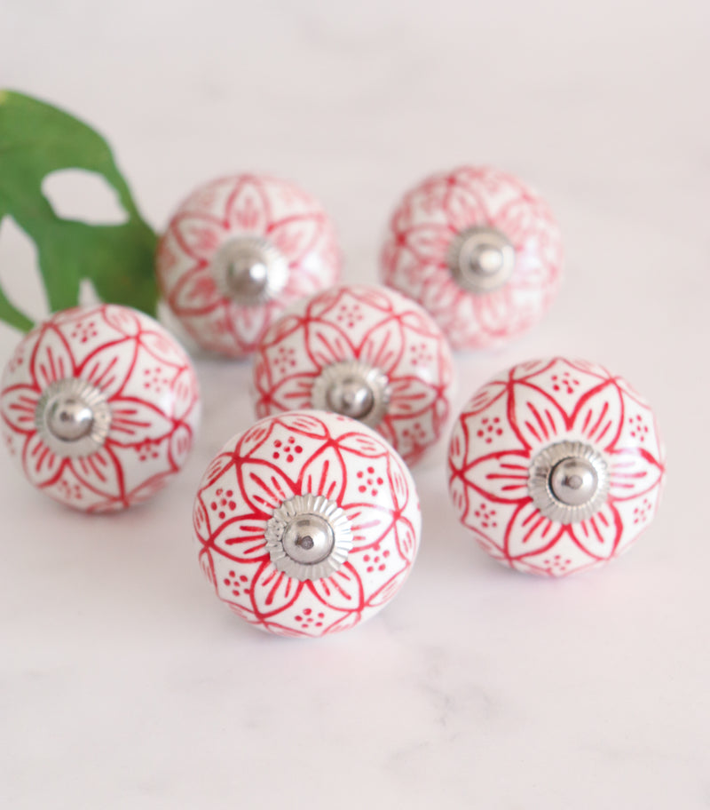 Ceramic knobs - Drawer knob  - Set of 6 - Red floral