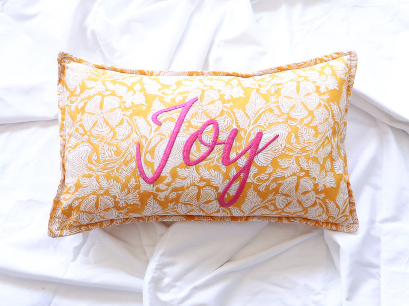 Joy Block print Word Pillow - Embroidery on Block print fabric - 12x20 inches