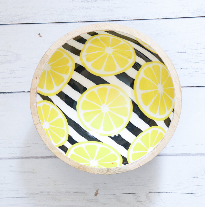 Small wood serving bowls - Mango wood bowls - Enamel printed wooden bowls - Lemon