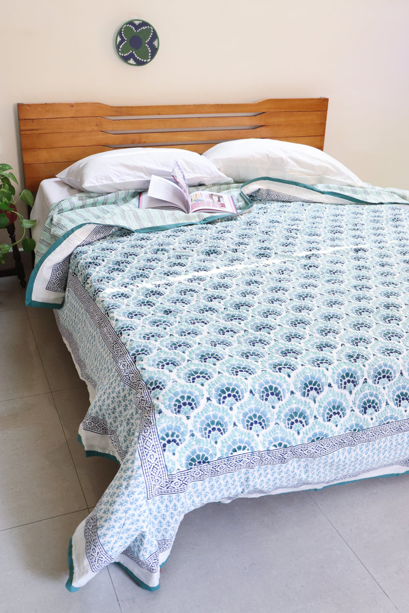 Green Block print Dohar - AC blanket - Mulmul Dohar with flannel- Queen and single size dohar