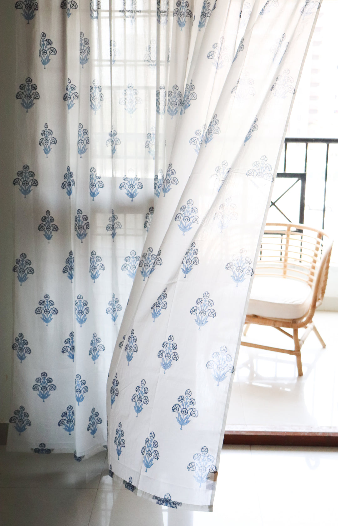 Blue poppy curtains - Blue sheer mulmul curtains