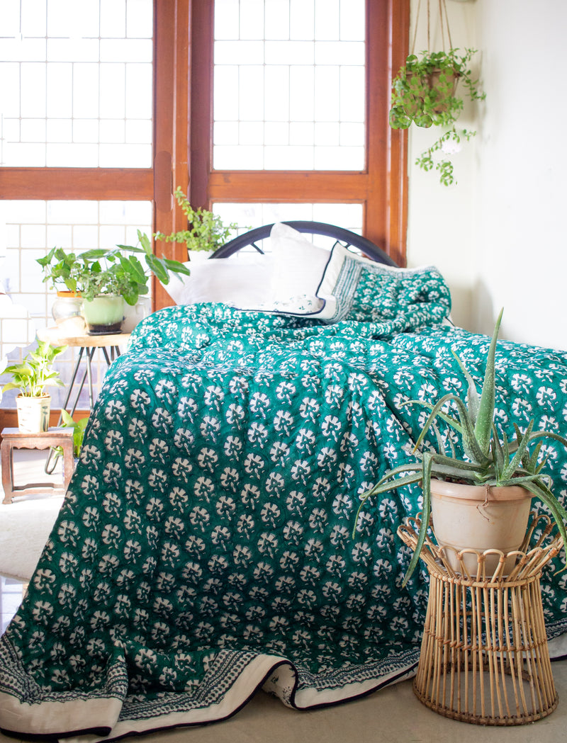Urban Jungle quilt - Block print quilt - dark green Ac quilt
