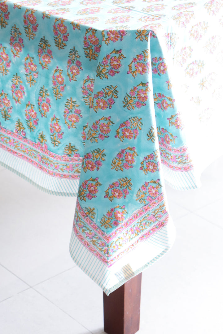 Turquoise floral tablecloth - 10 seater block print table cloth - 60x140 inches - Gulshan