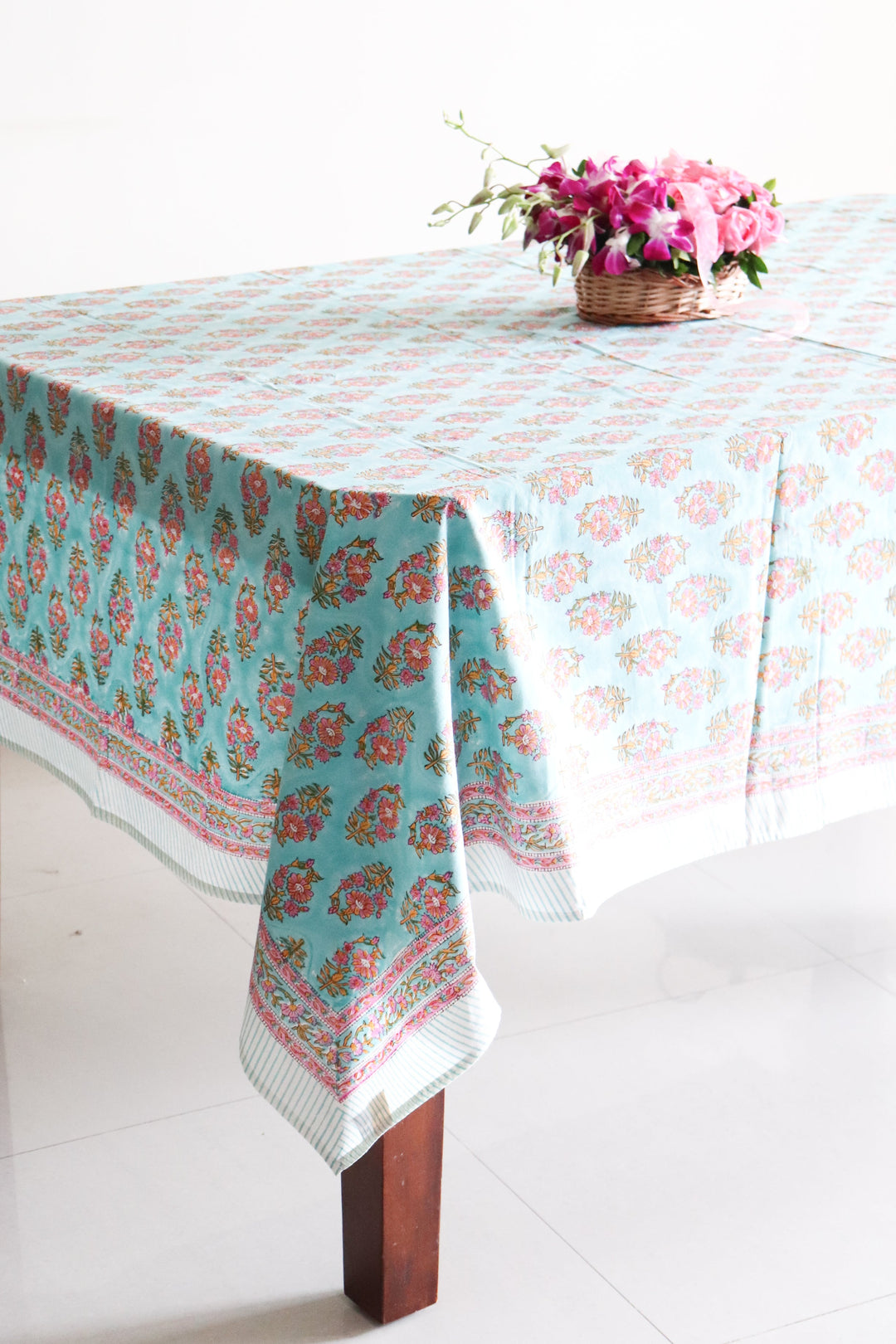 Turquoise floral tablecloth - 10 seater block print table cloth - 60x140 inches - Gulshan