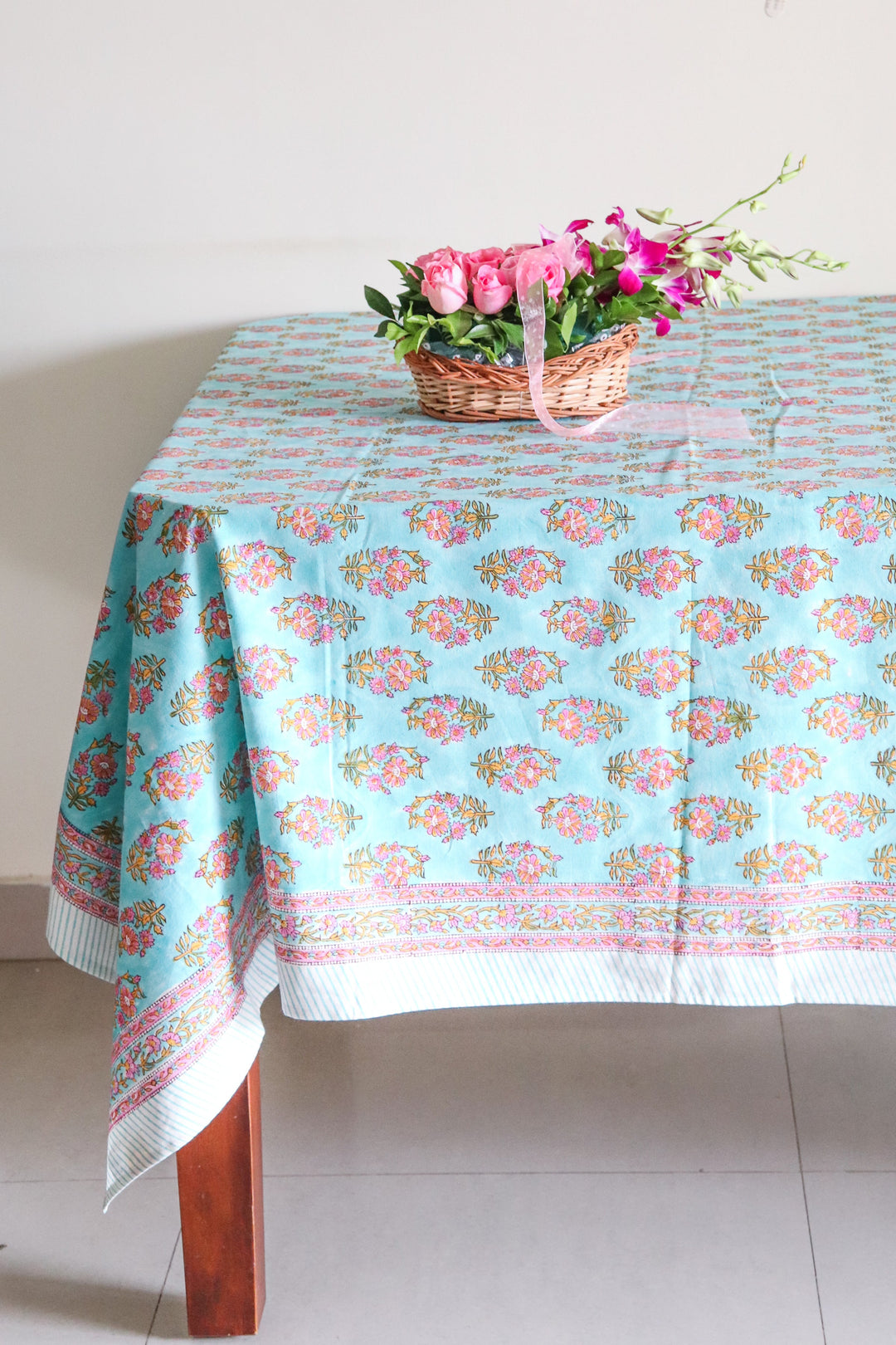 Turquoise floral tablecloth - 10 seater block print table cloth - 60x140 inches - Gulshan