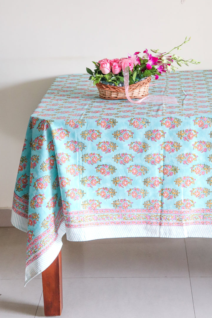 Turquoise floral tablecloth - 10 seater block print table cloth - 60x140 inches - Gulshan